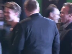 Arnold Schwarzenegger & Patrick Schwarzeneggerr at OZ The Great And Powerful Premiere in Hollywood, 02/13/13 Stock Footage
