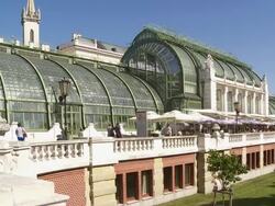 PAN Palmenhaus (Palm House) in the Vienna Hofburg Palace Burggarten Stock Footage