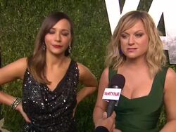 INTERVIEW - Amy Poehler and Rashida Jones on texting each other on the way over, Rashida Jones on coming to this party as a kid and seeing all the beautiful people at The 2013 Vanity Fair Oscar Party Hosted By Graydon Carter  Stock Footage