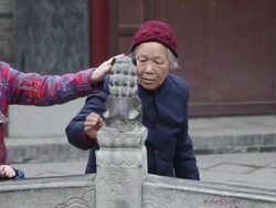 MS Pilgrims touching stone lion pray for good luck during Chinese Lunar New Year at Taoist temple / xi'an, shaanxi, china Stock Footage