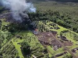 AERIAL: Homes In Pahoa, Hawaii Threatened By Lava Flow From Kilauea Volcano Stock Footage