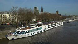 River Tour Boat at Holzwerft, Rhine River, Cologne, North Rhine Westphalia, Germany Stock Footage
