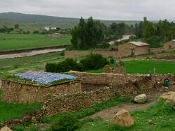 Stonewall constructions and green landscape Stock Footage