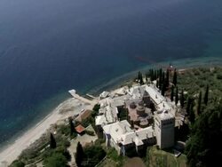 WS AERIAL View of Moni Xenofondos monastery / Mt. Athos, Macedonia, Greece Stock Footage