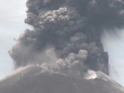 Rock and ash explode from top of Anak Krakatau volcano, Krakatoa, Indonesia, November 2010 Stock Footage