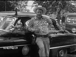 1952: LAS VEGAS, NEVADA: LAW ENFORCEMENT: TU MS 'No Parking, Sheriff's Cars Only' sign, MS Sheriff Glen C. Jones dressed in Western clothing & cowboy hat, SOT talking about how money from gambling is used, gambling should be taxed to benefit all. Instructional Video