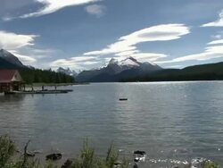 WS ZI  View of boathouse and Lake and mountain / Jasper, Alberta, Canada  Stock Footage