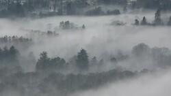 Looking down into the Langdale Valley above valley mist formed by a temperature inversion on Loughrigg, near Ambleside in the Lake District National Park. Stock Footage