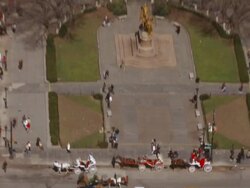  MS ZI ZO Horse carriages with tourists in Central Park on sunny winter day / New York City, New York, United States Stock Footage