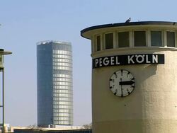 MS Shot of Flood marker and Kolntriangle tower / Cologne, North Rhine Westphalia, Germany Stock Footage