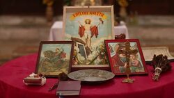 Church supplies priest for baptism Stock Footage