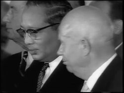 B/W 1963 close up Nikita Khrushchev + UN Secretary General U Thant at signing of Atomic Test Ban Treaty Stock Footage