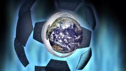 A spinning soccer ball expands and bursts into particles surrounding an animation of Earth. Stock Footage