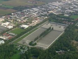 WS AERIAL TS View of Dachau concentration camp and houses / Germany Stock Footage
