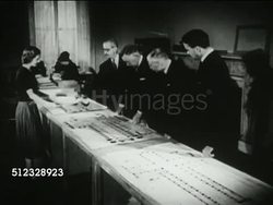 1953: PLANNING CORONATION: CU Coronation page in book, King George VI & Elizabeth listed bottom (deceased King father & Queen mother Elizabeth II), WS Men working on planning charts, MS The Earl Marshal, Duke of Norfolk Bernard Fitzland-Howard. Instructional Video