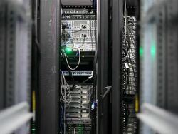 MS Light blinking at back of computers in server room / Vancouver, BC, Canada  Stock Footage