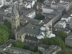AERIAL Church and apartment buildings, Cologne, North Rhine-Westphalia, Germany Stock Footage