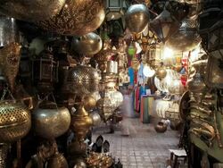 CU T/L View of Metal decorative lamp stall in market place / / Marrakech, Morocco   Stock Footage