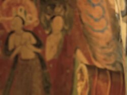 CU R/F Shot of some Buddhist figures on Mural in sutra cave at Mogao Grottoes / Dunhuang, Gansu Province, China Stock Footage