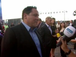 Harrison Ford, Jon Favreau at the Cowboys & Aliens UK Premiere at London England. (Footage by WireImage Video/Getty Images Entertainment Video) Stock Footage