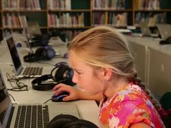 MS Young girl working on computer in library / Santa Fe, New Mexico, United States Stock Footage