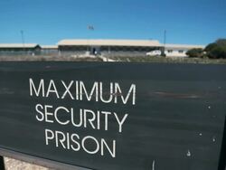 CU Shot of 'Maximum Security Prison' sign on Robben Island / Cape Town, Western Cape, South Africa Stock Footage