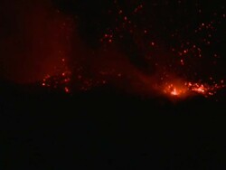 Lava explodes violently from volcano and tumbles down side of mountain, Stromboli, Italy. March 2010 Stock Footage