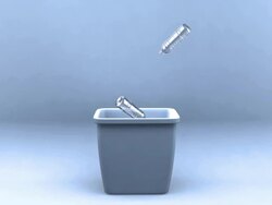 Far view of falling water bottles and recycling bin Stock Footage