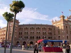 WS Shot of people roaming at Plaza de Toros outside / Marid, Spain Stock Footage