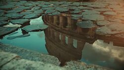 Coliseum reflected in rain water Stock Footage