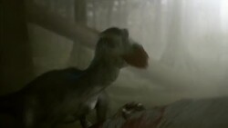 Two Deinonychuses attack a large dinosaur in a jungle in a computer-generated animation. Stock Footage