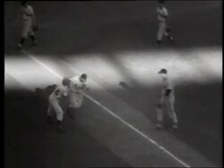 B/W high angle of Stan Musial running to home plate and players / 22nd Annual All Star Game / SOUND Stock Footage