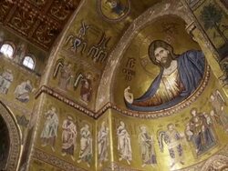 Monreale Cathedral, interior, the dome and ceiling with the mosaic of Christ as Pantocrator , Palermo, Sicily. Stock Footage