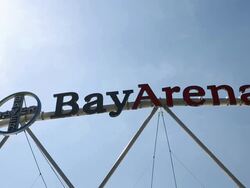 Close up of BayArena logo at stadium entrance. Stock Footage