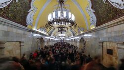 Spectacular vaulted ceiling and chandeliers in Moscow's Komsomolskaya metro station, Russia - Time lapse Stock Footage
