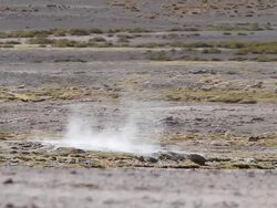 WS View of brown soil with some green vegetation and smoke rising from ground / Geiser del Tatio, Atacama desert, Chile Stock Footage