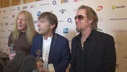 INTERVIEW - Iron Maiden on song that get them trough hard times, soldiers listening to their music, songs giving emotions, having cancer, treatment not effect his voice, his doctor being a bigger 'Rush' fan at Silver Clef Awards Stock Footage