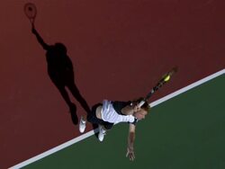 SLO MO, WS, HA, Young man serving tennis ball, Santa Barbara, California, USA Stock Footage