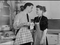 1948: CLAUDIA RADIO SHOW: DRAMATIZATION: Kathyrn Bard & Paul Crabtree ON SET in kitchen, SOT 'Claudia' (Kathyrn Bard) explaining the bank must have made a mistake, 'David' (Paul Crabtree) saying banks can't make mistakes. Instructional Video