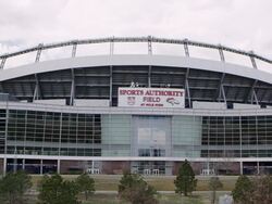 Slow motion static zoomed view of the Sports Authority stadium. Stock Footage