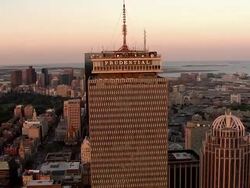 LOW AERIAL, Boston downtown buildings at sunset, Massachusetts, USA Stock Footage