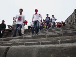 MS LA Shot of Tourists on steps at Great Wall at Badaling / Beijing, China Stock Footage
