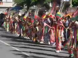 WS View of Childrens carnival costume dancing AUDIO / Charlestown, Nevis, Saint Kitts and Nevis Stock Footage
