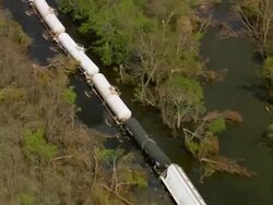 Sept. 10, 2005 aerial derailed train in aftermath of Hurricane Katrina / Chalmette, Louisiana Stock Footage