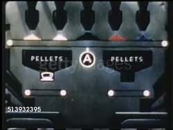 1950: ANIMATION: RUBBER PLANT: COLOR: Animation of various compounds being added to mix of rubber making machine: sulfur, carbon black, heat resisting pigments. Animation of liquid chemical chamber mixing & pressing compound. Instructional Video