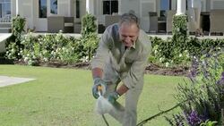 Senior man watering flowers in garden with hose Stock Footage