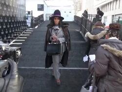 June Ambrose poses for photographers after leaving the Dennis Basso show at the Mercedes-Benz Fashion Week Fall 2014 at Lincoln Center - Celebrity Sightings in New York Stock Footage