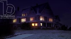 Static shot of a country inn in the countryside by night, in the snow Stock Footage