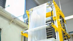 panning: the tower for keeping plastic bag film from blown film extruder Stock Footage