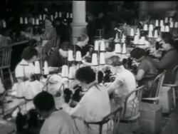 B/W 1934 rows of women using sewing machines in WPA garment factory / documentary Stock Footage